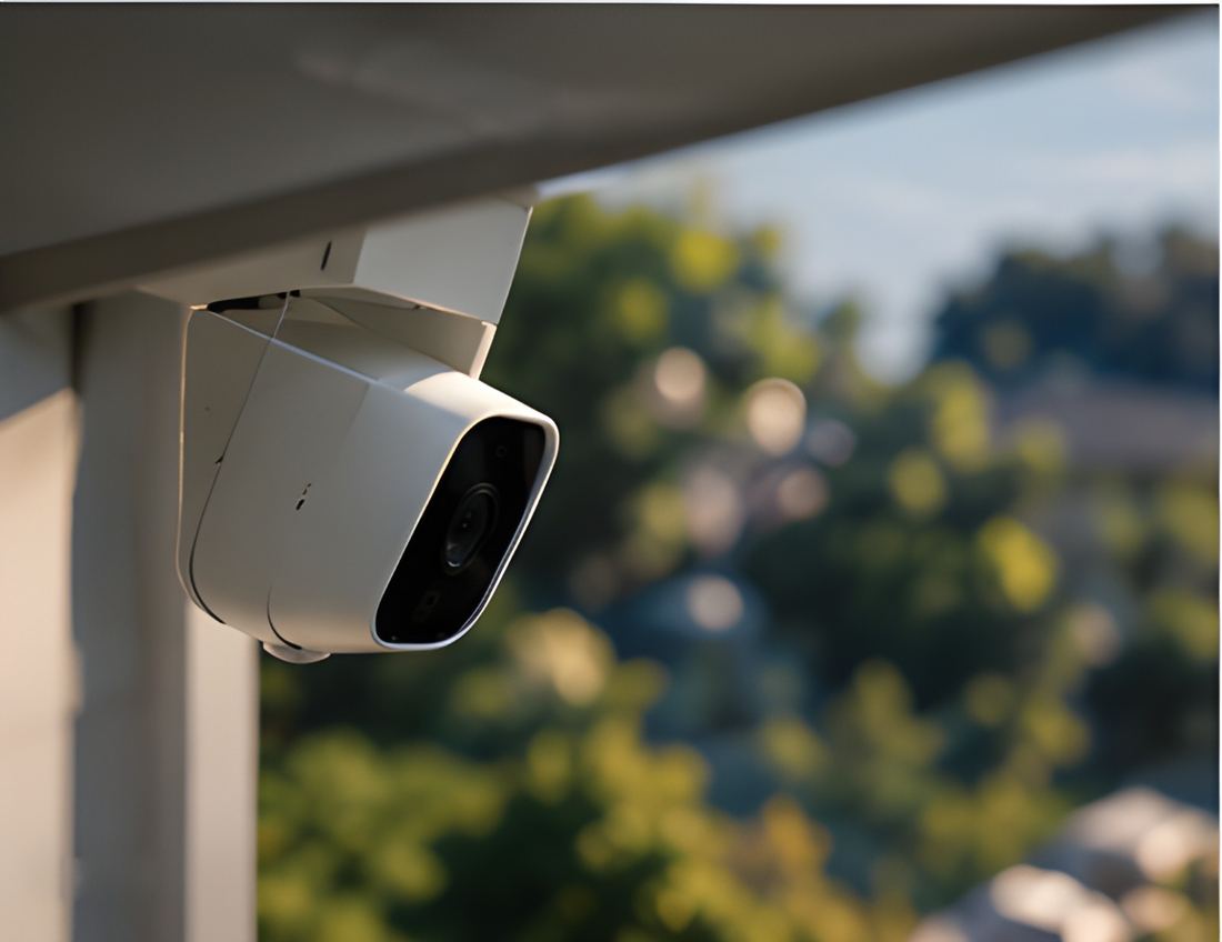 Outdoor security camera mounted under a roof