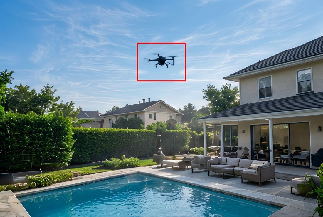 Drone over a backyard pool marked with a red detection frame