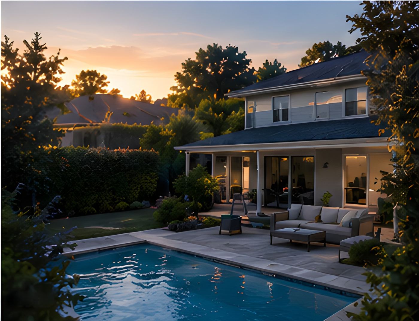 Private backyard with a pool at sunset